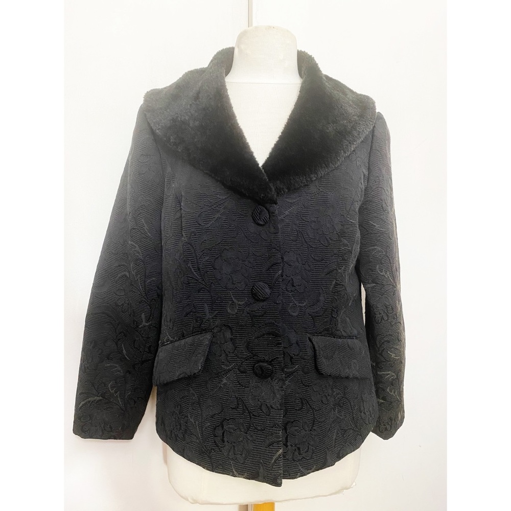RUBY RD. Retro style faux fur collar textured fabric 3 button blazer jacket 16